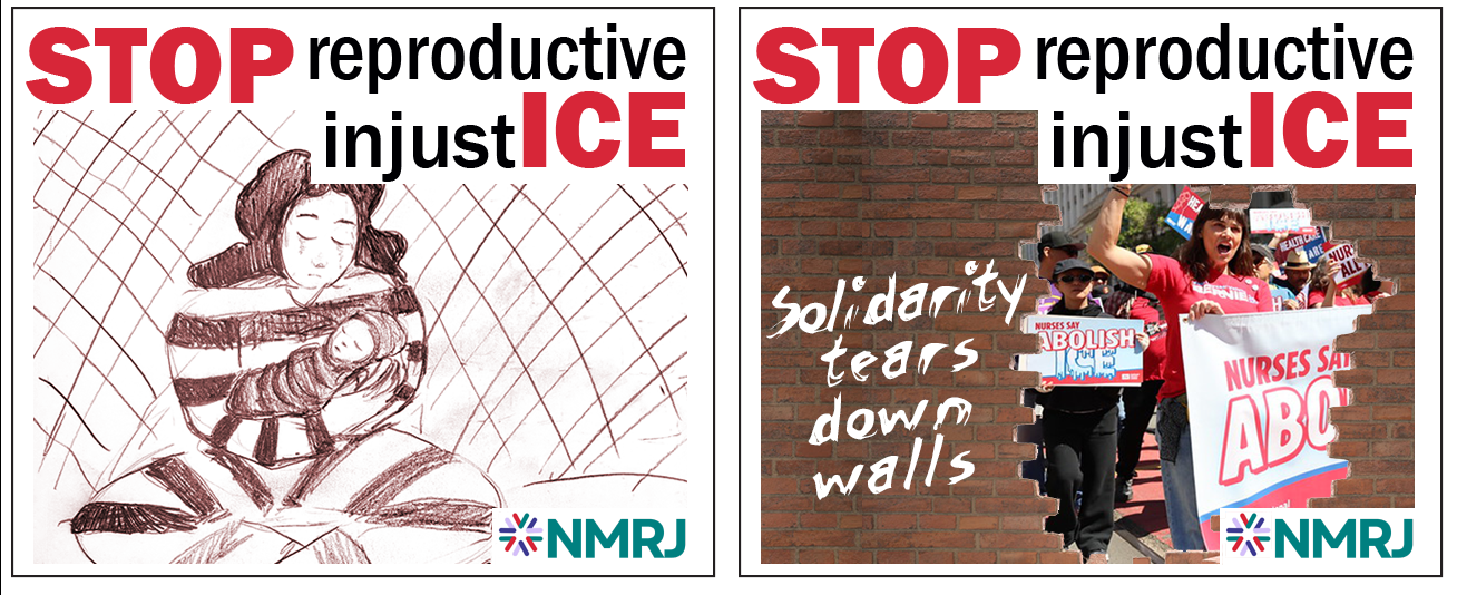drawing of woman in prison uniform holding baby and separate image of protesters seen through opening in brick wall, with slogan solidarity tears down walls